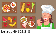 Set of cook pictures. Young woman cook shows ok sign. Gourmet food image. Master class about cooking delicious food. Cherry pie, vegetables, meat, fruits. Blogger, streamer. Flat vector illustration. Cook woman blogger, food, dishes. Cooking online, cooking blog. Flat image on brown background. Стоковая иллюстрация, агентство Ingram Publishing / Фотобанк Лори