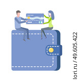People using services of bank vector, isolated man and woman sharing credit card sitting on leather wallet with money, dollars and business finance. People with Credit Card Sitting on Wallet Vector. Стоковая иллюстрация, агентство Ingram Publishing / Фотобанк Лори