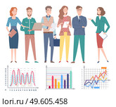 Analyzed information vector, structural info and people, teamwork of professionals with documents, business lady and secretary wearing formalwear. People Discussing Business Project and Info Stats. Стоковая иллюстрация, агентство Ingram Publishing / Фотобанк Лори