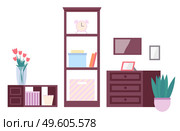 Living room furnishings. Illustration apartment interior room elements of furniture home cupboard and wooden chest of drawers with doors, shelf with books and boxes bedside table and vase of flowers. Illustration of a room elements of furniture home cupboard and wooden chest of drawers with doors, shelf. Стоковая иллюстрация, агентство Ingram Publishing / Фотобанк Лори
