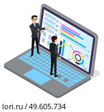 Analysing infocharts, creating presentation with charts, graphics, diagram, developing financial plan strategy, businessmen analyse infographics, discussing analytics, statistics, 3d isometric laptop. Analysing infocharts, creating presentation with charts, graphics, diagram developing financial plan. Стоковая иллюстрация, агентство Ingram Publishing / Фотобанк Лори