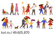 Family collection, parents ride child on sledge, happy father, mother and daughter with balloon, girl with kite, parents and child walking with dog, adults and kid with umbrellas, family skating. Family collection, ride on sledge, child with balloon, kite, walk with dog, with umbrellas, skating. Стоковая иллюстрация, агентство Ingram Publishing / Фотобанк Лори