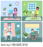 Set of cartoon illustrations. Stay at home and work remotely. Quarantine distance work. Mix race people sitting at table using computers and laptops. Freelance work. Effectively organizing home time. Set of illustrations with mix race people working at computers or laptops at home, quarantine. Стоковая иллюстрация, агентство Ingram Publishing / Фотобанк Лори