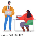 Man in strict suit stands and holds laptop, dark-skinned woman at table with laptop. Office workers at business meeting, discussing project. Coworkers work together. Mutually beneficial cooperation. Business partners in the office, woman and man use laptops. Collaboration, business meeting. Стоковая иллюстрация, агентство Ingram Publishing / Фотобанк Лори