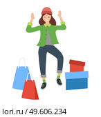 Woman with shopping bags and colorful boxes. Young beautiful fashion shopper girl isolated on white background. Female character is happy about the purchase. Woman in hat is dancing near containers. Woman with shopping bags and colorful boxes. Young fashion shopper girl is happy about the purchase. Стоковая иллюстрация, агентство Ingram Publishing / Фотобанк Лори