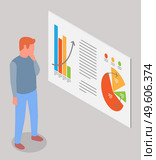 Man estimates demand indicators on presentation board with charts and graphs, marketing concept. Businessman seller watching sales statistics. The buyer analyzes the price of the goods on graph. Man estimates demand indicators on presentation board with charts and graphs, marketing concept. Стоковая иллюстрация, агентство Ingram Publishing / Фотобанк Лори