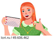 Portrait of a young woman with red long hair wearing green dress. Cute smiling girl holding small dotted bag for cosmetics. Pretty positive female character, student or businesswoman, beauty blogger. Portrait of young woman with red long hair wearing green dress. Cute smiling girl isolated on white. Стоковая иллюстрация, агентство Ingram Publishing / Фотобанк Лори