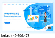 Modernizing business process vector illustration banner. Businesswoman standing near flipchart with statistical indicators. Business presentation and project management concept webpage template. Modernizing business process vector illustration banner. Project management concept webpage template. Стоковая иллюстрация, агентство Ingram Publishing / Фотобанк Лори