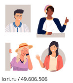 Set of happy curious looking young people peeping from behind the wall or peek out the window. Cute girl in hat and waving hand, smiling african man, young guy in headphones with a fashionable haircut. Set of happy curious looking young people peeping from behind the wall or peek out the window. Стоковая иллюстрация, агентство Ingram Publishing / Фотобанк Лори
