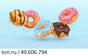 Falling glazed donuts with sprinkles. 3d realistic vector background. Стоковая иллюстрация, агентство Ingram Publishing / Фотобанк Лори