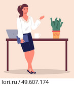 Businesswoman with ponytail, wearing blouse and skirt, holding folder in hand and gesturing. Business lady lean on table with laptop, cup and plant. Confident smiling woman, office worker portrait. Portrait of smiling businesswoman lean on table with laptop and plant, holding folder in hand. Стоковая иллюстрация, агентство Ingram Publishing / Фотобанк Лори