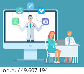Doctor holding web icons at screen of computer. Medicine icons for website dna, flask, syringe, heart, cardiogram, first aid. Patient woman sitting with doctor, physician, therapist, table with laptop. Patient with doctor sitting at table using laptop, doctor with medical icons at computer screen. Стоковая иллюстрация, агентство Ingram Publishing / Фотобанк Лори