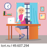 Young woman sitting at table and using laptop. Quarantine distance work. Freelance work at home. Effectively organizing home time. Home office. Businesswoman or student working at home or office. Young woman sitting at table and using laptop, quarantine distance work, freelance work at home. Стоковая иллюстрация, агентство Ingram Publishing / Фотобанк Лори
