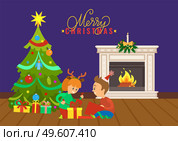 Boy and girl unboxing presents near fir-tree and fireplace decorated by pine branches and burning candle. Holiday greeting card Merry Christmas Vector. Children Unboxing Presents near Fireplace Vector. Стоковая иллюстрация, агентство Ingram Publishing / Фотобанк Лори
