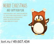 Merry Christmas and Happy New Year greeting card cheerful penguin in funny hat with furry balls and waving hand. Animal in big red cap with pompons, vector. Penguin in Hat with Furry Balls Vector Postcard. Стоковая иллюстрация, агентство Ingram Publishing / Фотобанк Лори