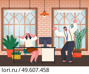 Unorganized office worker panic. Angry boss man swear at worker woman holding head, stressing, confused. Female made mistake in work. Chaos in office. Stylish design of office with plants, big windows. Unorganized office worker panic, angry boss swear at worker woman holding head, stressing, confused. Стоковая иллюстрация, агентство Ingram Publishing / Фотобанк Лори
