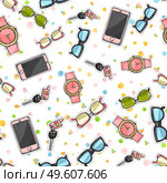 Collection of women accessories. Pink cellphones. Sunglasses with different glassworks. Watches with belts. Keys with fob. Endless texture. Seamless pattern. Pockmarked background. Fabric. Vector. Set of Phones, Watches, Sunglasses, Car Keys. Стоковая иллюстрация, агентство Ingram Publishing / Фотобанк Лори