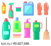 Collection of cleaning washing tools or equipment. Bottle with toilet cleaner, spray bottle, sponge, plastic container, rubber gloves, bottles for detergent, cleanser, bottle with dispenser, broom. Collection of cleaning washing tools or equipment, household, tidy, clean, plastic bottles. Стоковая иллюстрация, агентство Ingram Publishing / Фотобанк Лори