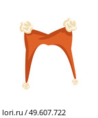 Cap with pompons and hanging down furry balls in flat style isolated. Cheerful headdress with ears, element of winter holiday headwear costume vector. Cheerful Orange Cap with Balls Vector Isolated. Стоковая иллюстрация, агентство Ingram Publishing / Фотобанк Лори