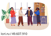 Handshake of two partners, successful deal, contract, office workers shaking hands, women clapping hands, congratulate with agreement, teamwork, partnership, colleagues handshaking, office interior. Handshake of partners, successful deal, contract, office workers shaking hands, women clapping hands. Стоковая иллюстрация, агентство Ingram Publishing / Фотобанк Лори