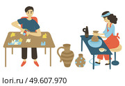 Puzzle solving man vector, isolated male and woman on leisure. Pastime of people at home, lady with pots making products from clay, person playing. Pottery Hobby Making Pots and Solving Puzzles. Стоковая иллюстрация, агентство Ingram Publishing / Фотобанк Лори