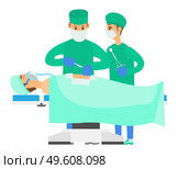 The man makes an incision with a scalpel. The girl is holding a tampon. Medical operation isolated on white background. A team of doctors work with the patient. Surgeons perform an operation. Team of doctors with the patient. Surgeons perform the operation and make an incision with a scalpel. Стоковая иллюстрация, агентство Ingram Publishing / Фотобанк Лори