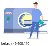 Magnetic resonance therapy . Doctor in blue suit is standing near apparatus for magnetic resonance imaging machine MRI computed tomography at hospital. Man medic radiologist in examination room. Magnetic resonance therapy . Doctor in blue suit is standing near apparatus for computed tomography. Стоковая иллюстрация, агентство Ingram Publishing / Фотобанк Лори