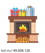 Fireplace with metal frame, made of brick vector. Mantelpiece decorated by wrapped presents and gifts, holiday surprises in packages. Flames in home bonfire. Fireplace with Metal Frame, Made of Brick Vector. Стоковая иллюстрация, агентство Ingram Publishing / Фотобанк Лори