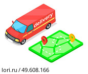 Delivery service concept . Red freight track and map with waypoints, vehicle route illustration with marked places for unloading. Transportation and cargo delivery services. Car for transporting goods. Delivery service concept . Red freight track and green map with waypoints, vehicle route. Стоковая иллюстрация, агентство Ingram Publishing / Фотобанк Лори