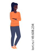 Young beauty african american woman. Illustration of smiling girl in a yellow blouse and blue jeans isolated on white. Black woman with ponytail hairstyle. Flat vector pretty black female character. Young beauty african american woman. Illustration of smiling girl in a yellow blouse and blue jeans. Стоковая иллюстрация, агентство Ingram Publishing / Фотобанк Лори