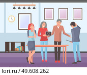 Employees on business meeting have fun talking. Teamwork and brainstorming in the office. Guy is embarrassed in front of the company of people. Girl holding a tablet with a light bulb on the screen. Employees on business meeting people have fun talking. Teamwork and brainstorming in the office. Стоковая иллюстрация, агентство Ingram Publishing / Фотобанк Лори