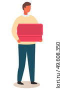 Man holding empty plastic red box in his hand. Male character wearing in casual clothes isolated on white. Warehouse worker or gardener carries a container for collecting fruits and vegetables. Man holding empty plastic box in his hand. Male character wearing in casual clothe isolated on white. Стоковая иллюстрация, агентство Ingram Publishing / Фотобанк Лори