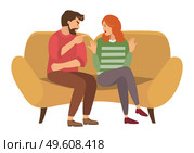 A man and a woman are sitting on a large yellow sofa. A couple of people quarrels sitting on the couch. Angry man points finger and yells at girl. Redhead girl is raising her hands in indignation. A man and a woman are sitting on a large sofa. A couple of people quarrels sitting on the couch. Стоковая иллюстрация, агентство Ingram Publishing / Фотобанк Лори