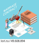 Marriage contract isometric background with hugging couple pair of wedding rings document certified by notary vector illustration. Marriage Contract Isometric Background. Стоковая иллюстрация, агентство Ingram Publishing / Фотобанк Лори
