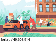 Vandalism flat composition with outdoor urban street landscape and group of teenagers beating car painting walls vector illustration. Street Vandalism Flat Composition. Стоковая иллюстрация, агентство Ingram Publishing / Фотобанк Лори