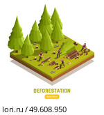 Four lumberjacks sawing felled timber outdoors 3d isometric vector illustration. Lumberjack Isometric Composition. Стоковая иллюстрация, агентство Ingram Publishing / Фотобанк Лори