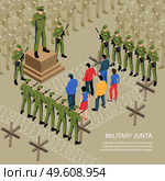 Isometric political systems background with barbed wire and rows of soldiers surrounding dissidents with editable text vector illustration. Military Junta System Background. Стоковая иллюстрация, агентство Ingram Publishing / Фотобанк Лори