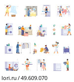 Laundry set with flat icons of clothes and detergents with washing machines iron and human characters vector illustration. Flat Laundry Icon Set. Стоковая иллюстрация, агентство Ingram Publishing / Фотобанк Лори
