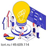 Business startup idea isometric conceptual vector illustration with light bulb big image and group of creative people participating in creation of new project. Business Startup Conceptual Illustration. Стоковая иллюстрация, агентство Ingram Publishing / Фотобанк Лори
