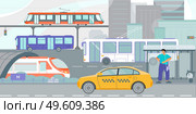 Public transportation tram bus yellow taxi in city street waiting passenger at trolleybus stop flat vector illustration. Public Transport City Flat. Стоковая иллюстрация, агентство Ingram Publishing / Фотобанк Лори