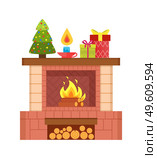 Fireplace with burning fire, decorated spruce tree, burning candle and wrapped presents gifts vector isolated icon. Piles of bricks underneath, Christmas. Fireplace with Burning Fire, Decorated Spruce Tree. Стоковая иллюстрация, агентство Ingram Publishing / Фотобанк Лори