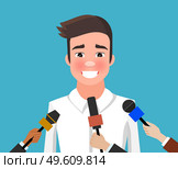 Press conference with a smiling man. Journalist with microphone interviews handsome superstar guy. Young male character in a white shirt while recording audio. Correspondent holds special equipment. Press conference with smiling man. Journalist with microphone interviews handsome superstar guy. Стоковая иллюстрация, агентство Ingram Publishing / Фотобанк Лори