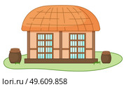 Asian village old house vector illustration. Thatched-roof rural building standing on green grass. Traditional house in a Korean people settlement. Simple construction from natural wooden materials. Asian village old house vector illustration. Thatched-roof rural building standing on green grass. Стоковая иллюстрация, агентство Ingram Publishing / Фотобанк Лори