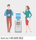 Company colleagues at work vector, break and free time, man and woman talking on different themes, water cooler in office. Woman with document page. Woman and Man at Work, Colleagues at Break Talking. Стоковая иллюстрация, агентство Ingram Publishing / Фотобанк Лори