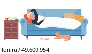 Male character having cold and lying in bed on white background. Dog owner is sick vector illustration. Puppy lies next to the sofa and looks at the sad guy. Man being treated for flu with medicines. Man having a cold and lying in bed on white background. Dog owner is sick vector illustration. Стоковая иллюстрация, агентство Ingram Publishing / Фотобанк Лори