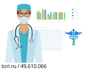 Beautiful brunette young female doctor with phonendoscope. Medical research statistics poster. Diagrams and symbol of medicine on background. Female character with a stethoscope around her neck. Beautiful brunette young female doctor with phonendoscope. Medical research statistics poster. Стоковая иллюстрация, агентство Ingram Publishing / Фотобанк Лори