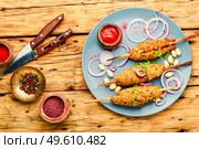 Lula kebab, minced meat skewered and grilled.Turkish food,kebab lamb. lula kebab on a skewer. Стоковое фото, агентство Ingram Publishing / Фотобанк Лори