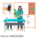 Vet with a stethoscope listening to the heartbeat of iguana. Pets health care in vet clinic. Domestic animals treatment concept. Veterinary professional consultation. The assistant raises the lizard. Veterinarian with a stethoscope listening to the heartbeat of an iguana. Pets health care concept. Стоковая иллюстрация, агентство Ingram Publishing / Фотобанк Лори