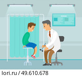 Neuropathologist examining patient use reflex hammer. People on the background of a medical screen. Boy visits therapist during regular checkup. Physician work at medical cabinet. Patient health check. Neuropathologist examining reflex with hammer. Boy with a doctor on the background of medical screen. Стоковая иллюстрация, агентство Ingram Publishing / Фотобанк Лори