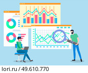 Teamwork concept. Development of a plan how to attract a customers. Man and woman communicate, solve business issues, collaboration and discussion graphical business report with charts and graphs. Teamwork concept, collaboration and discussion graphical business report with charts and graphs. Стоковая иллюстрация, агентство Ingram Publishing / Фотобанк Лори